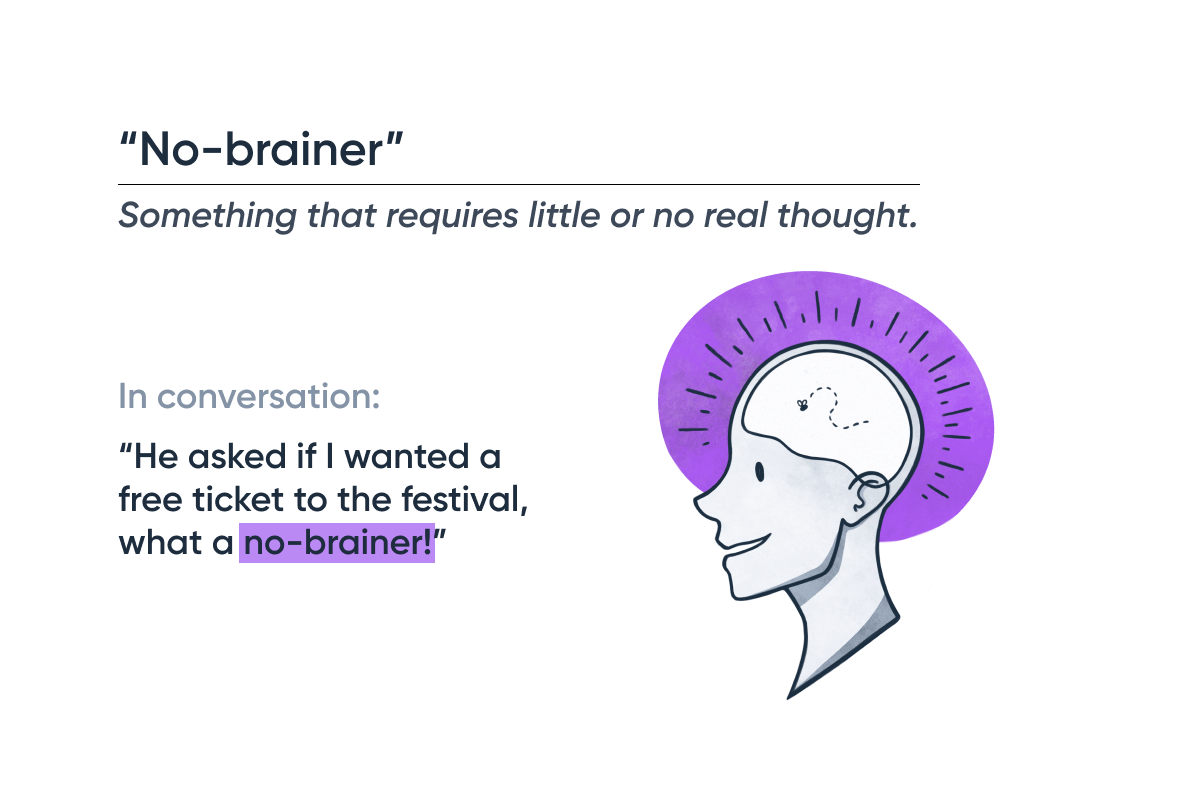 No-brainer means something that is obvious. Example: What's one plus two?  T…  English vocabulary words, English phrases idioms, English vocabulary  words learning